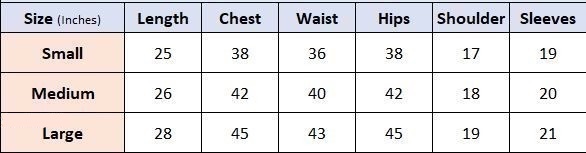 Ladies Night Wear size chart