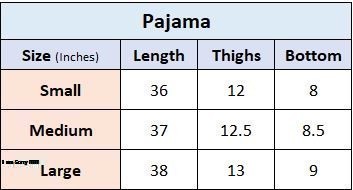 Night Wear dress size chart