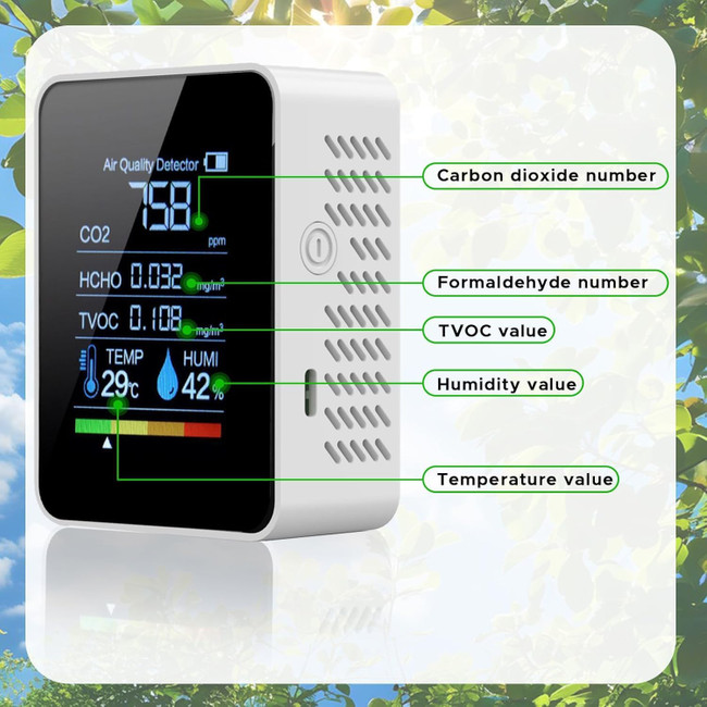 Prefessionall Indoor Air Quality Monitor MT05, 5 in 1 Portable Smartair Quality Tester for CO2 | TVOC | HCHO | Temp | Hum for Home Cars Plants and Pets So On（White）