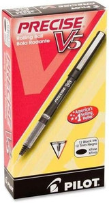 Pilot, Precise V5, Capped Liquid Ink Rolling Ball Pens, Extra Fine Point 0.5 mm, Black, Pack of 12