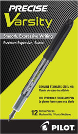 PILOT Precise Varsity Pre-Filled Fountain Pens, Medium Point Stainless Steel Nib, Blue Ink, 12-Pack (90011) PILOT Precise Varsity Pre-Filled Fountain Pens, Medium Point Stainless Steel Nib, Blue Ink, 12-Pack (90011)