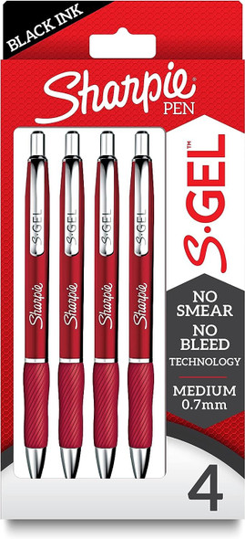 Sharpie S-Gel Premium Metal Barrel Gel Pen, Retractable, Medium 0.7 mm, Black Ink, Red Barrel, 4/Pack