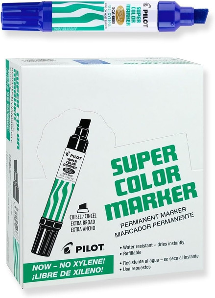 PILOT Super Color Jumbo Refillable Permanent Markers, Xylene-Free Blue Ink, Extra-Wide Chisel Point, 12-Pack (45200)