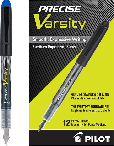 PILOT Precise Varsity Pre-Filled Fountain Pens, Medium Point Stainless Steel Nib, Blue Ink, 12-Pack (90011) PILOT Precise Varsity Pre-Filled Fountain Pens, Medium Point Stainless Steel Nib, Blue Ink, 12-Pack (90011)
