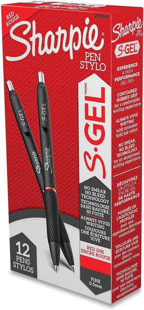 SHARPIE S-Gel 2096166 S-Gel Retractable Gel Pen, Fine 0.5 Mm, Red Ink, Black Barrel, Dozen