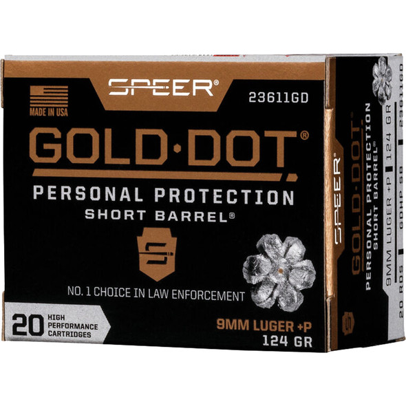 Speer Gold Dot Personal Protection Pistol Ammo 9mm +p 124 Gr. Hp Short Barrel 20 Rd.