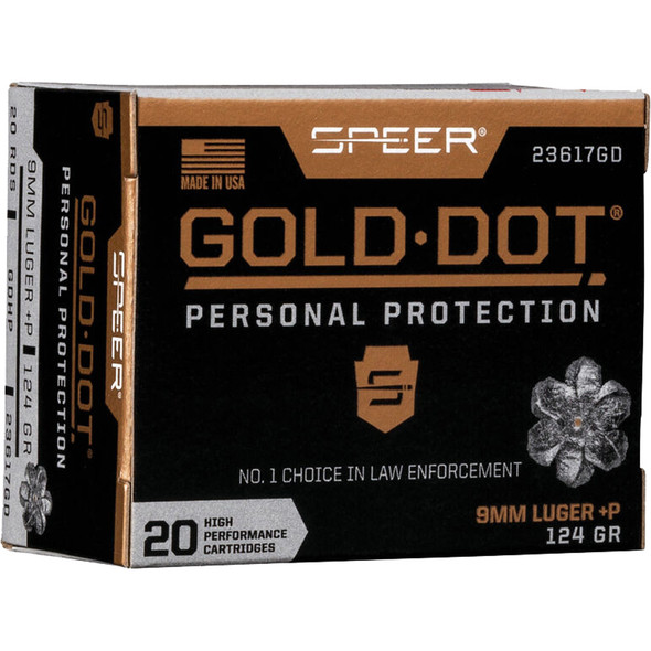 Speer Gold Dot Personal Protection Pistol Ammo 9mm +p 124 Gr. Hp 20 Rd.