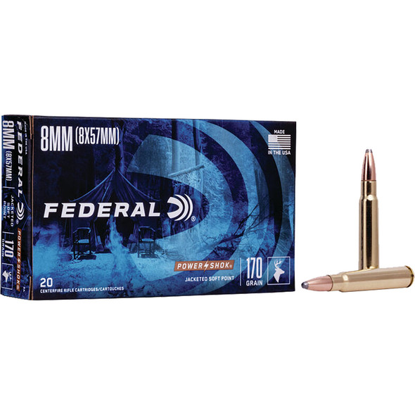 Federal Power-shok Rifle Ammo 8mm Mauser 170 Gr. Jacketed Soft Point 20 Rd.