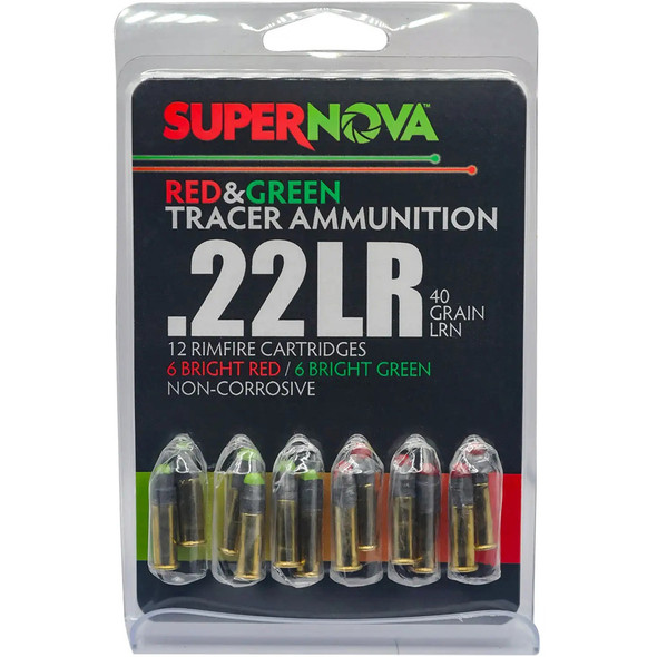 Supernova Tracer Rimfire Ammunition  22 Lr 40gr. Lrn Green & Red Tracer 12 Rd.