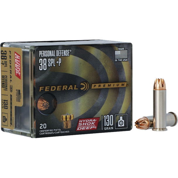 Federal Premium Personal Defense Pistol Ammo 38 Spl. + P 130 Gr. Hydrashok Deep Jhp 20 Rd.