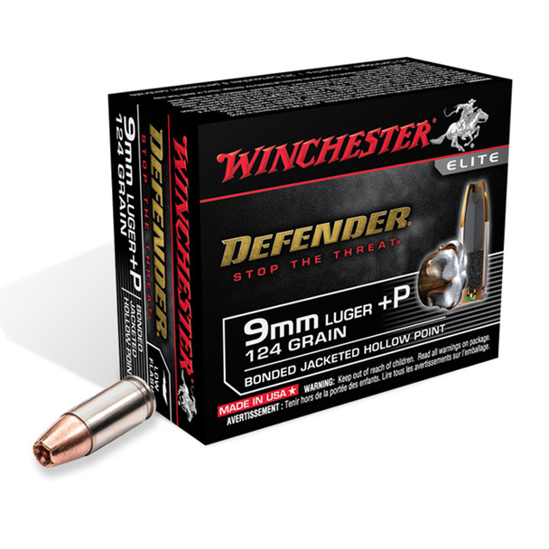 Winchester Defender Pistol Ammo 9mm+p 147 Gr. Jhp 20 Rd.
