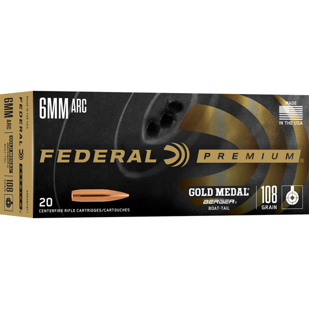 Federal Premium Gold Medal Rifle Ammo 6mm Arc 108 Gr. Berger Boat-tail 20 Rd.