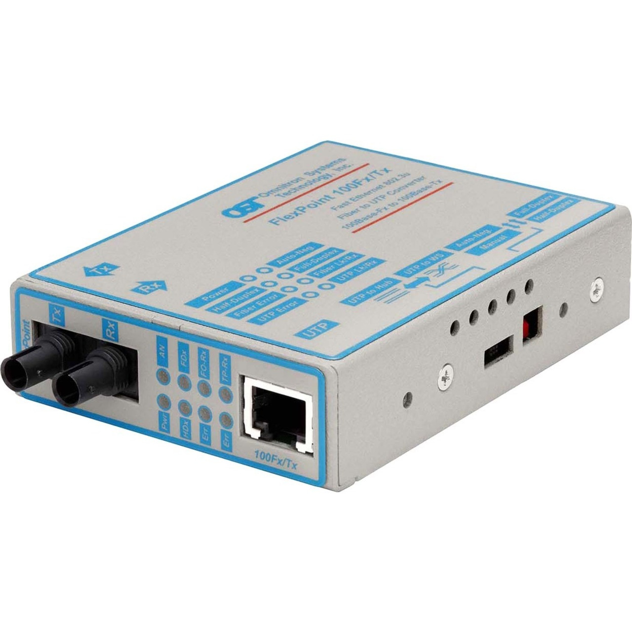 Omnitron FlexPoint 100Mbps Ethernet Fiber Media Converter RJ45 ST Single-Mode 30km - 1 x 100BASE-TX; 1 x 100BASE-LX; US No Power Adapter; Lifetime Warranty 100FX ST SM 1310 30KM NO PWR SUPPLY