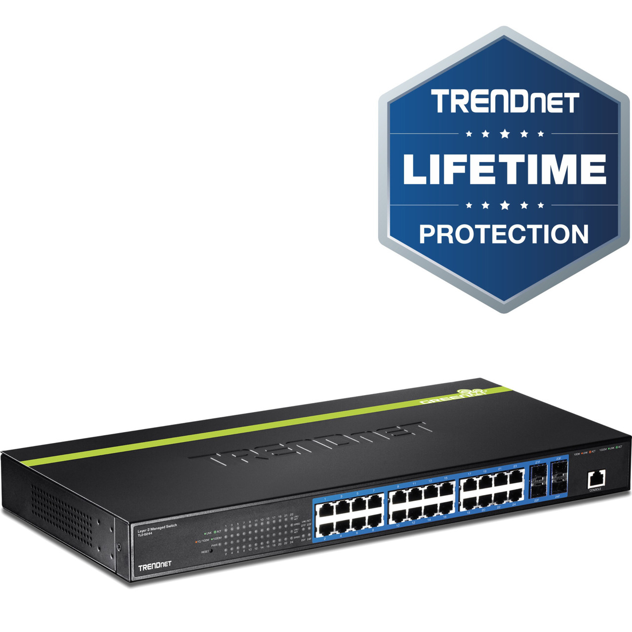 TRENDnet 24-Port Gigabit Layer 2 Switch with 4 Shared Mini-GBIC Slots; 48 Gbps Switching Capacity; SNMP; Lifetime Protection; TL2-G244