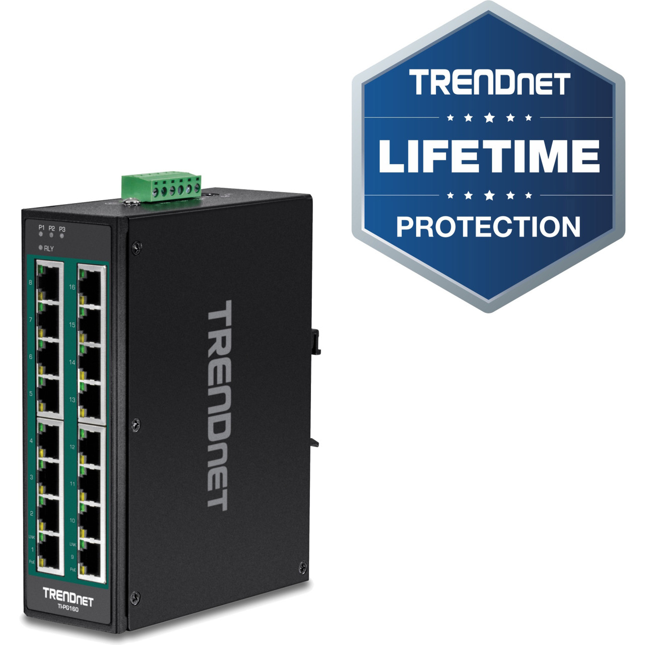 TRENDnet 16-Port Hardened Industrial Unmanaged Gigabit 10/100/1000Mbps DIN-Rail Switch w/ 16 Gigabit PoE+ Ports; Lifetime Protection; TI-PG160