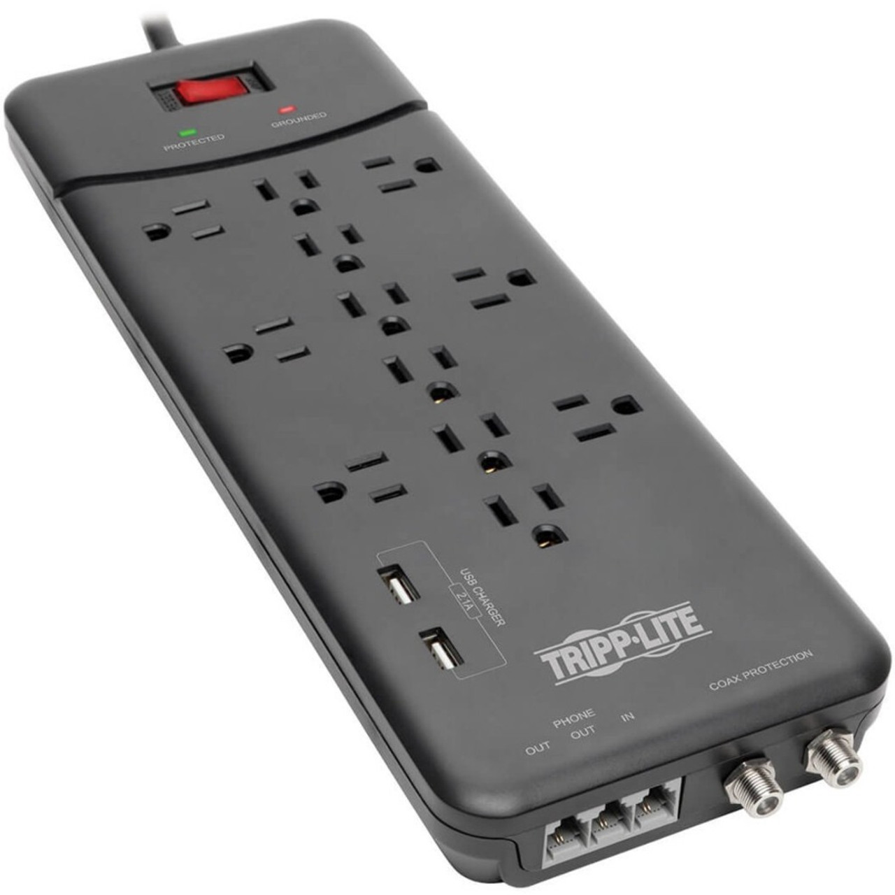 Tripp Lite Surge Protector Power Strip 12 Outlets, 2 USB Charging Ports Tel/Modem/Coax