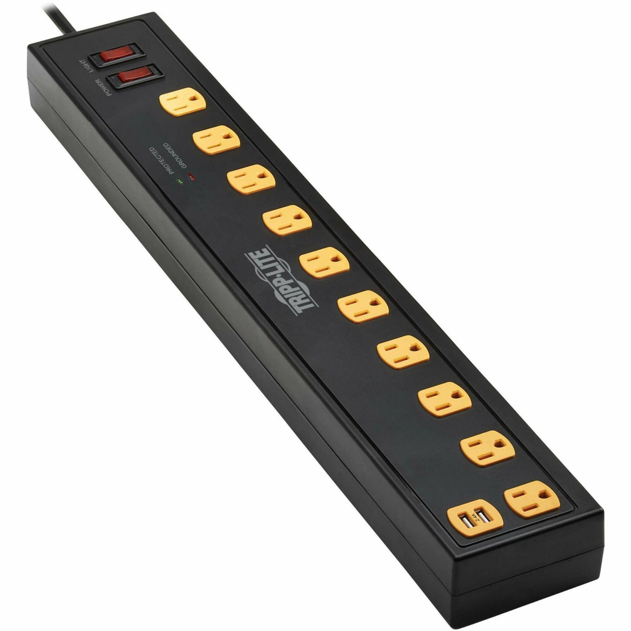 Tripp Lite Protect It! 10-Outlet Surge Protector with Swivel Light Bars - 5-15R Outlets, 2 USB Ports, 6 ft. (1.8 m) Cord, 1350 Joules, Black - TLP1006USB