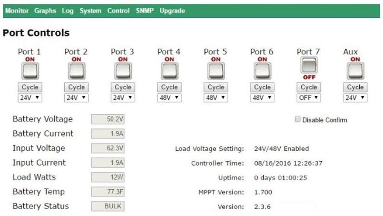 Tycon Systems 200W Controller with 7 Port PoE switch and 20A MPPT Controller with remote monitor, 24V and 48V PoE, 35W per port, 3A Aux Port, Manageable