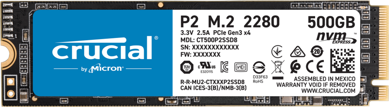 Crucial P2 NVMe PCIe M.2 SSD - 500GB 3D NAND