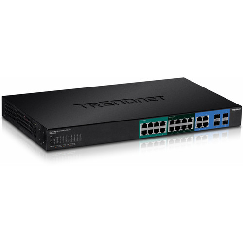 TRENDnet 20-Port Gigabit Web Smart Ultra PoE Switch with 8 x Gigabit UPoE Ports; 8 x Gigabit PoE+ Ports 4 Shared Gigabit Ports (RJ-45 or SFP); VLAN; QoS; IPv6 Support; 370W PoE Power Budget; TPE-204US