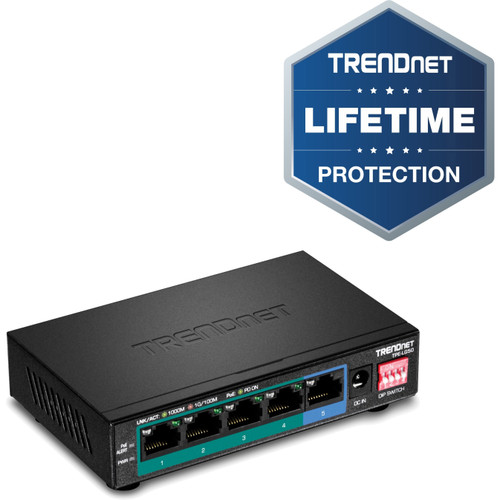 TRENDnet 5-Port Gigabit Long Range PoE+ Switch, 4 x Gigabit PoE+ Ports, 1 x Gigabit Port, 32W PoE Budget, 10Gbps Switching Capacity, Extends PoE+ 200m (656 ft), Lifetime Protection, Black, TPE-LG50