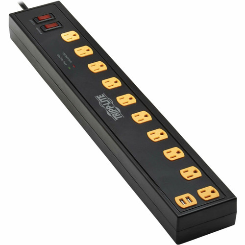 Tripp Lite Protect It! 10-Outlet Surge Protector with Swivel Light Bars - 5-15R Outlets, 2 USB Ports, 10 ft. (3 m) Cord, 4500 Joules, Black - TLP1010USB