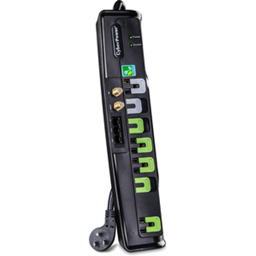 CyberPower CSHT706TCG Advanced Power Strips 7 - Outlet Surge with 2250 J - Clamping Voltage 800V, 6 ft, NEMA 5-15P, Right Angle - 45° Offset, 15 Amp, EMI/RFI Filtration, Black, RG6 Coaxial Protection, Lifetime Warranty RIGHT ANGLE NEMA $175K 6FT CORD