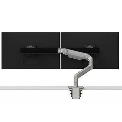 Humanscale M81 Monitor Arm, Two Piece Clamp Mount w/ Base, Polished Aluminium w/ White Trim, Angled Link/Dynamic Link, Crossbar for 2 Monitors, Dell QA Vesa Plate, Blac - M81CMWB2D