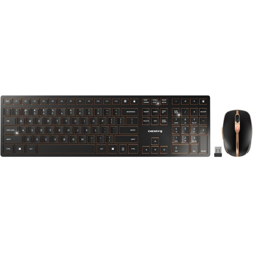 Cherry Bluetooth or 2.4Ghz wireless, AES-128 bit 128 encryption (Keyboard & Mouse), 104+6 keys, 6 button mouse w/adjustable DPI, Rechargeable Lithium batterie - JD-9100US-2