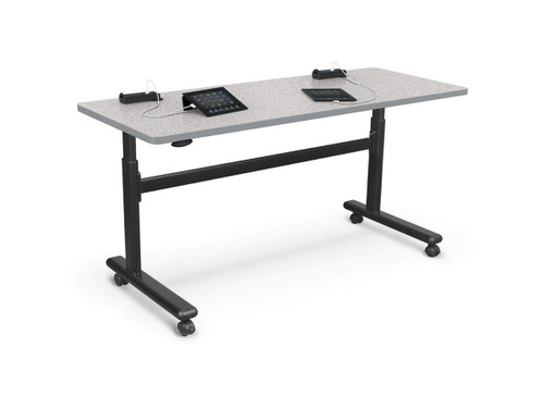 Mooreco Height Adjustable Flipper 60x24 Table W/Grommet - Asian Night Top Surface and Black Edgeband - Black Base - 28.5In-45In - 90316-7949-BK