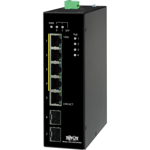 Eaton Tripp Lite Series 5-Port Unmanaged Industrial Gigabit Ethernet Switch - 10/100/1000 Mbps, PoE+ 30W, -10 To 60 C, 2 Gbe SFP Slots, Din Mount, TAA - 5-Port Unmanaged Gigabit Ethernet Switch Connects Your Devices To A LAN - NGI-U05C2POE4