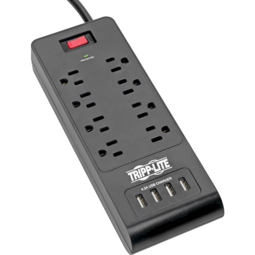 Eaton Tripp Lite Series 8-Outlet Surge Protector With 4 USB Ports (4.2A Shared) - 6 Ft. (1.83 M) Cord, 1800 Joules, Black - Device Compatibility:Phone; Tablet; Amazon Kindle - TLP864USBB