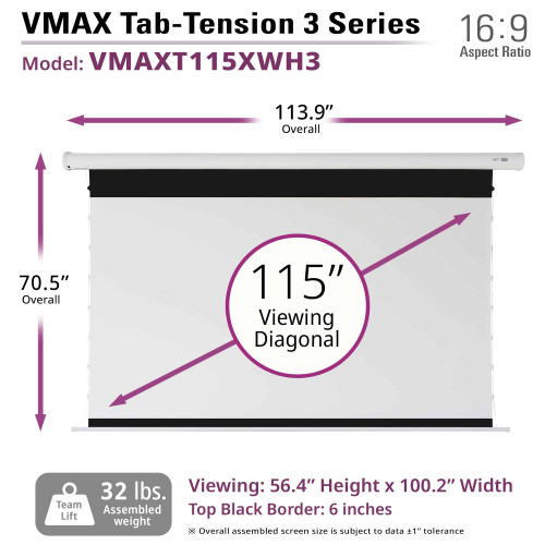 Elite Screens VMAX TAB-TENSION 3 MATTE WHITE ELECTRIC SCREEN, 115IN DIAG., 16:9, VIEWING SIZE: 56.3IN X 100.2IN, IR/RF REMOTES, 12V TRIGGER, WHITE CASING - VMAXT115XWH3