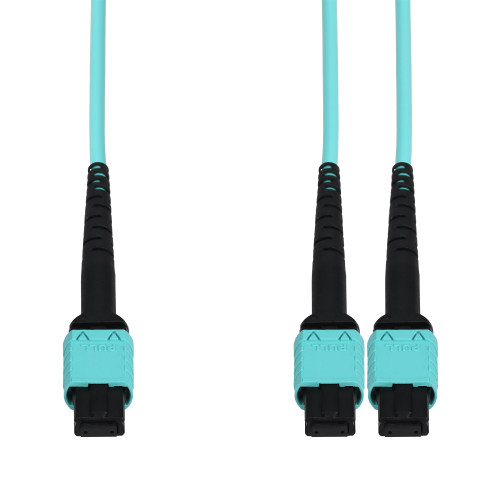 AddOn 2.5m MPO/UPC to 2xMPO/UPC Aqua OM4 OFNR (Riser-Rated) 24-Strand Fiber Fanout Cable - ADD-24FMPO-2MPO2-5M5OM4
