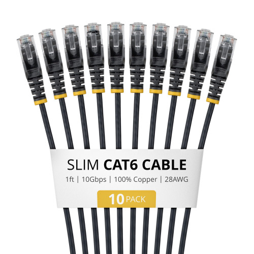 StarTech 1ft Black Slim CAT6 Cable, 10 Pack, Snagless, 100W PoE, UTP, LSZH, 28AWG Pure Bare Copper Wire, Slim RJ45 Network Patch Cord