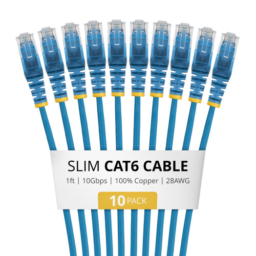 StarTech 1ft Blue Slim CAT6 Cable, 10 Pack, Snagless, 100W PoE, UTP, LSZH, 28AWG Pure Bare Copper Wire, Slim RJ45 Network Patch Cord