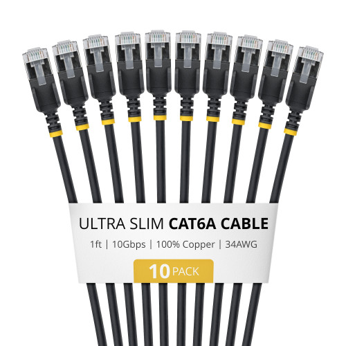 StarTech 1ft Black Ultra Slim Cat6A Ethernet Cable, 10 Pack, Snagless, FTP, Pure Bare Copper Wire, 34AWG Ultra Slim RJ45 Network Patch Cord