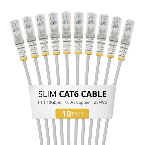 StarTech 1ft Gray Slim CAT6 Cable, 10 Pack, Snagless, 100W PoE, UTP, LSZH, 28AWG Pure Bare Copper Wire, Slim RJ45 Network Patch Cord