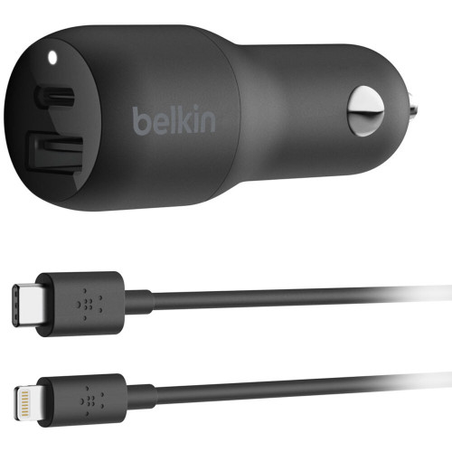 Belkin Boost Charge USB-C + USB-A Car Charger 30W + USB-C to Lightning Cable - F7U100BT04-BLK