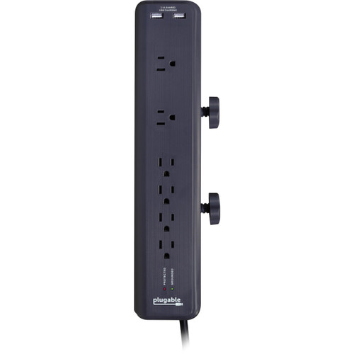 Plugable 6 AC Outlet Surge Protector with Clamp Mount for Workbench or Desk. Built-In 10.5W 2-Port USB Power for Android, Apple iOS, and Windows Mobile Devices - PS6-USB2DC