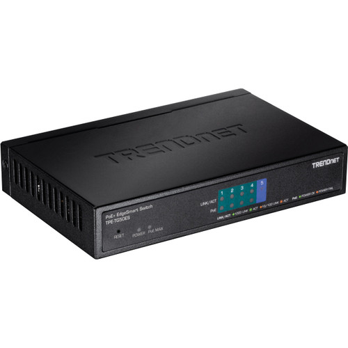 Trendnet TPE-TG50ES, is a cost-effective desktop managed switch solution for high-speed Gigabit PoE+ applications. This 5-Port smart PoE+ switch features the most commonly used managed switch features, reducing unnecessary switch complexity.