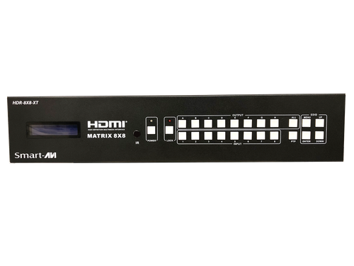 Smartavi HDR-8x8-XT is an 8x8 matrix switch enhanced with technology. Users can send eight ultra-HD video sources to eight local displays over HDMI, as well as eight remote displays over CAT5e/6/7 cables up to 328 ft - HDR-8X8-XTS