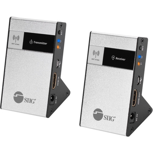 SIIG Standing Compact Wirelessly 4K HDMI Extender, Transmits Uncompressed 4K30Hz Video Output Up To 98Ft (30M) Via 60Ghz Wireless Frequency, Reset Button, Stereo Audio, Power Source Via Power Supply Or USB Power In, Metal Housing - CE-H23Q11-S1