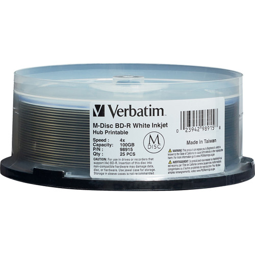 Verbatim M-Disc Bdxl, 98915, 100Gb, 4X, White Inkjet Hub Printable, 25Pk Spindle