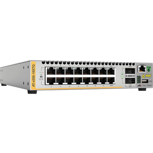 Allied Telesis L3 Stackable Switch, 16x 1G/10G-T, 2x QSFP+ Ports and a single fixed PSU, US Power Cord. 1 Year NCP Support (Start date is shipment date from ATI - Grace period 90days). - AT-X550-18XTQ-B11