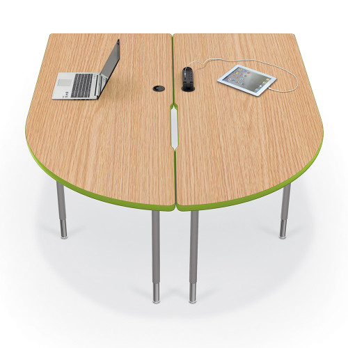 Mooreco Mediaspace Table-Large: 2 Tables (22In-32In x71.4In x 58.8In HxWxD), Each Includes (1) Built-In Grommet For Cable Management & Power Accessories; (4) Platinum Legs; (1) Castle Oak Top / Black Edgeband; Optional Casters - 27756-7928-BK