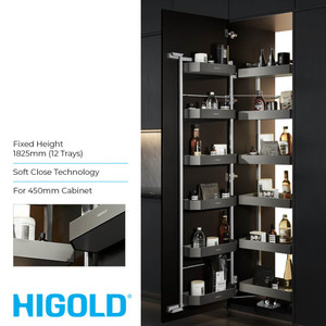 Higold Shearer PRO Open Out Tandem Pantry Unit with 12 Matte Grey Trays for 450mm Kitchen Cabinet - Renovator Store Australia