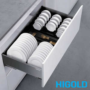 Higold Australia Shearer 2.0 Multipurpose Pull Out Kitchen Drawer Organiser with plate dividers and drain tray in matte grey for 900mm wide cabinets.