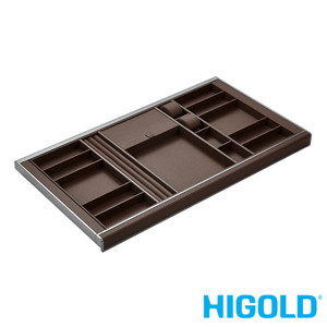 Pull-out brown PU leather jewellery box for wardrobe storage with dividers and watch holders.