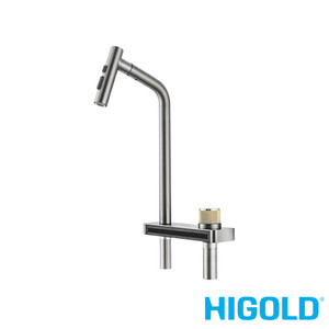 Topmount Waterfall Pull Out Kitchen Mixer Tap in PVD Grey finish, high-quality stainless steel sink faucet for modern Australian kitchens.